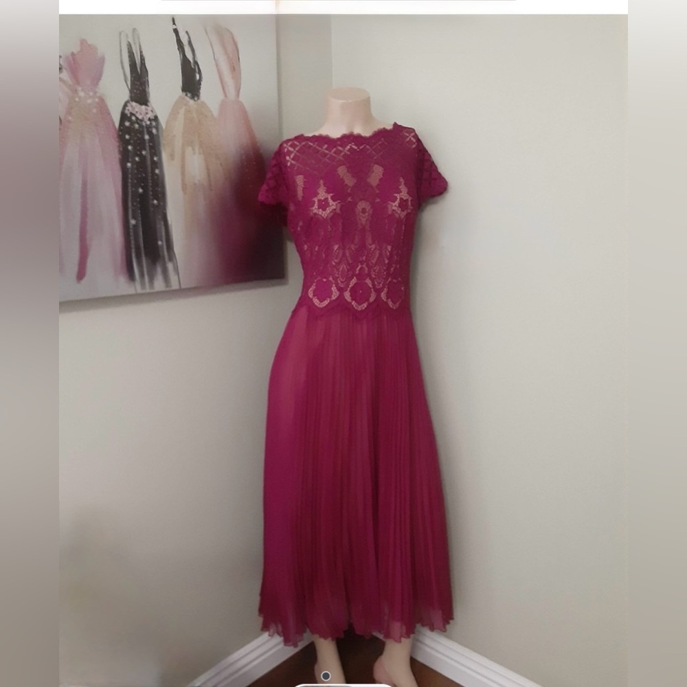 tadashi shoji dress pleated tea-length chiffon w lace bodice